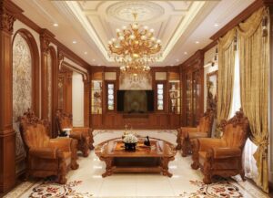 Nội thất gỗ tự nhiên trong phòng khách mang đến cảm giác xa hoa, lộng lẫy