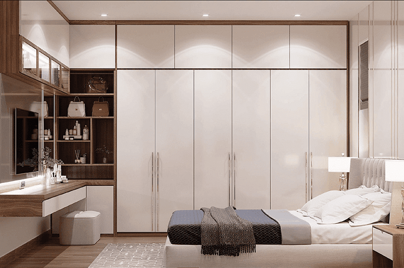 Tủ quần áo kèm bàn trang điểm với màu sắc chủ đạo là trắng phối vàng sang trọng
