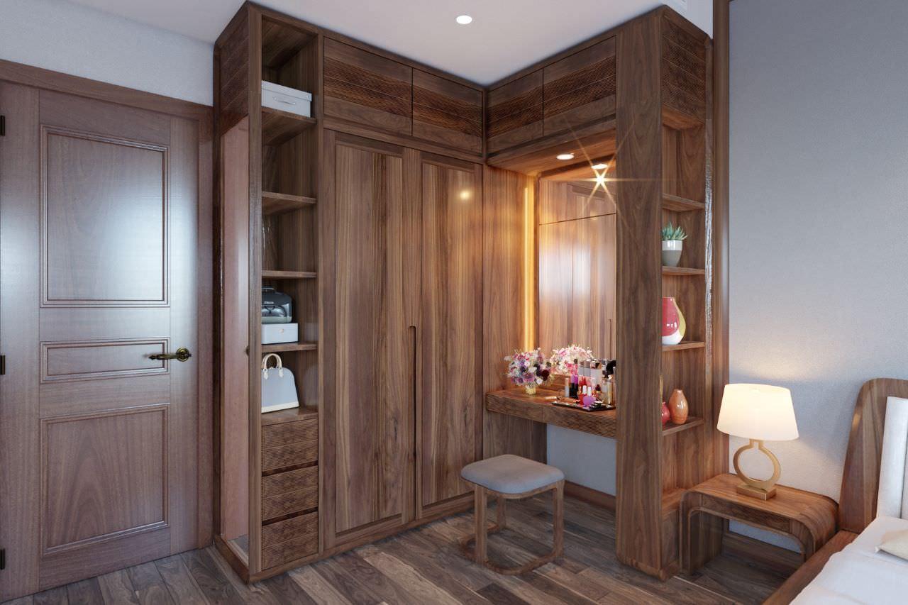 Bàn trang điểm đi liền với tủ quần áo bằng gỗ tự nhiên