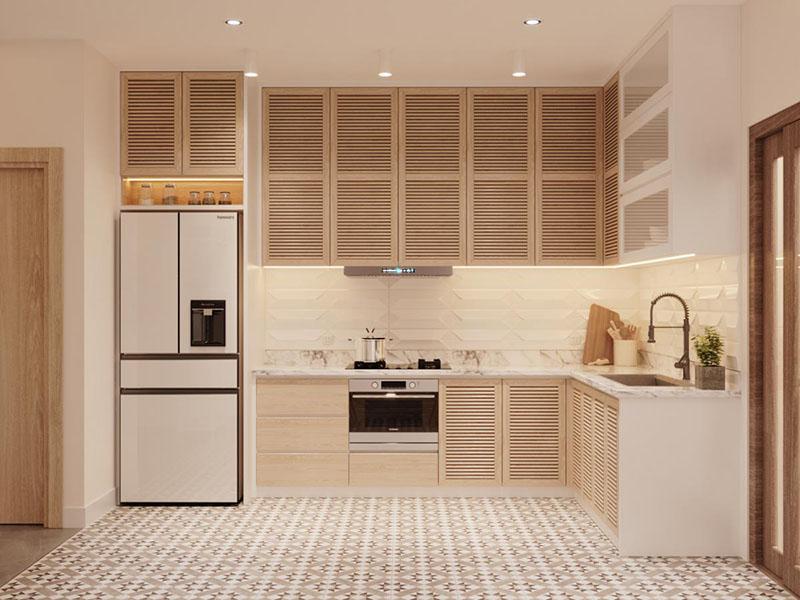 Thiết kế nhà bếp nhỏ phong cách truyền thống với tone màu nâu chủ đạo