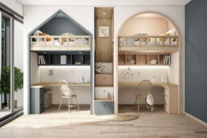 Phòng ngủ đôi cho bé trai và bé gái, bạn có thể sử dụng 2 gam màu khác nhau