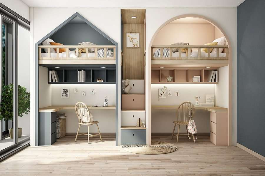 Phòng ngủ đôi cho bé trai và bé gái, bạn có thể sử dụng 2 gam màu khác nhau