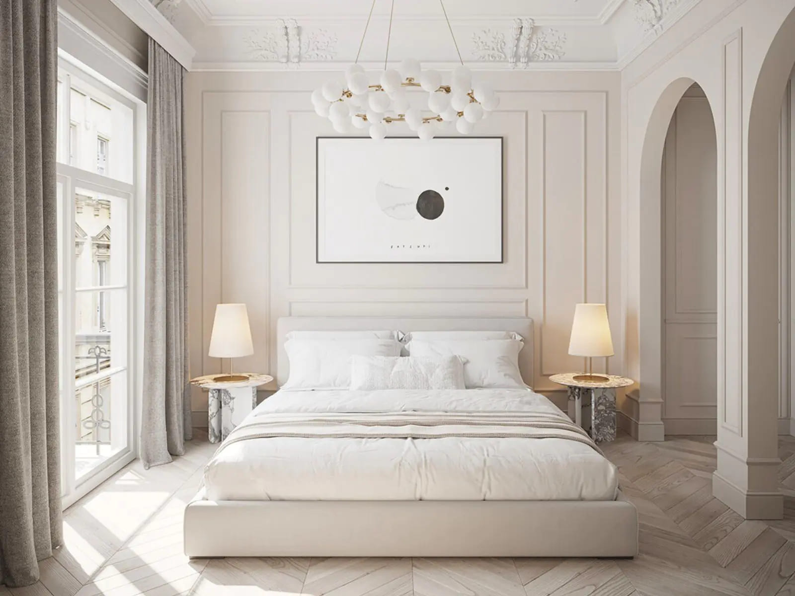 Màu trắng, một màu rất đỗi quen thuộc trong mọi thiết kế và phòng ngủ tân cổ điển