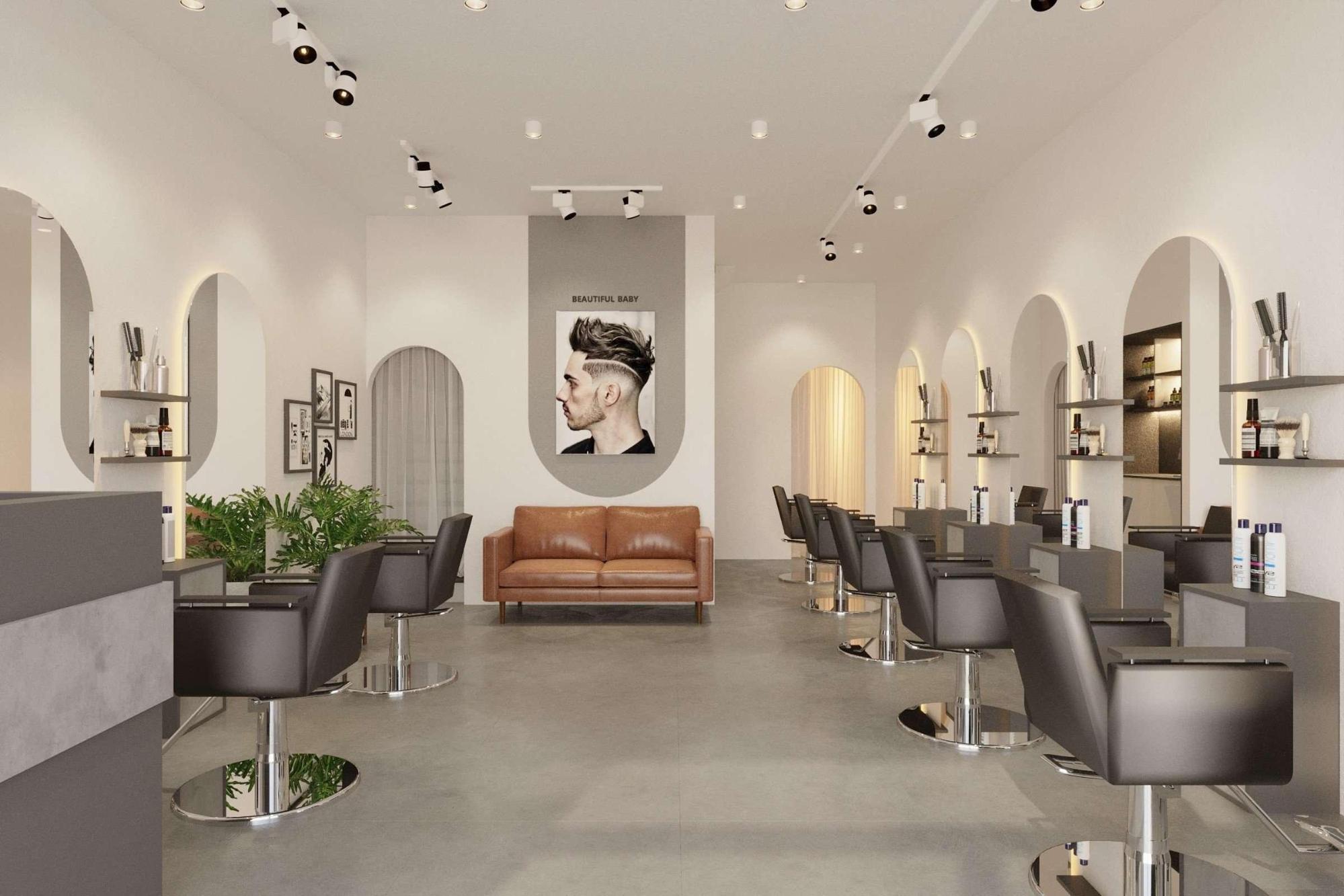 Nội thất salon tóc bài trí theo phong cách hiện đại, tối giản, sang trọng