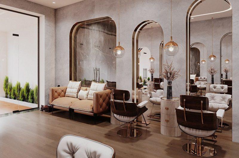 Salon tóc theo phong cách tân cổ điển với gam màu nâu chủ đạo