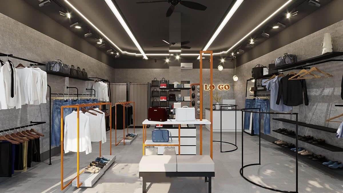 Thiết kế nội thất shop quần áo nam đơn giản, thanh lịch, mạnh mẽ