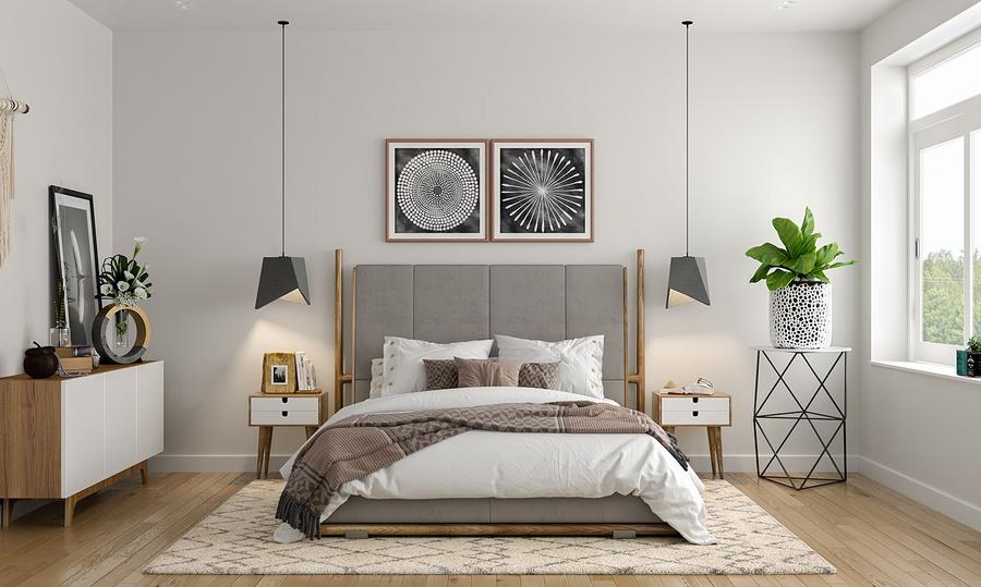 Phòng ngủ hai vợ chồng phong cách Bắc Âu với gam màu trắng chủ đạo