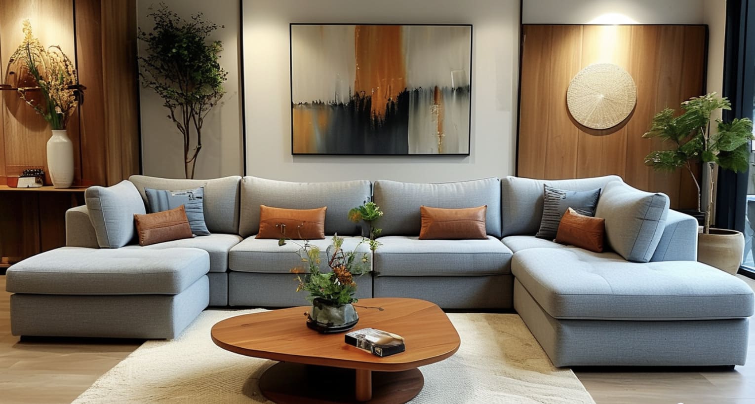 Nếu không gian đủ rộng, bạn có thể kết hợp thêm một chiếc bàn trà hình vuông